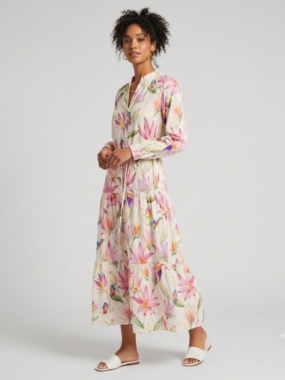 H&M Bird & Tropical Floral Long Sleeve Tiered Maxi Dress Small New